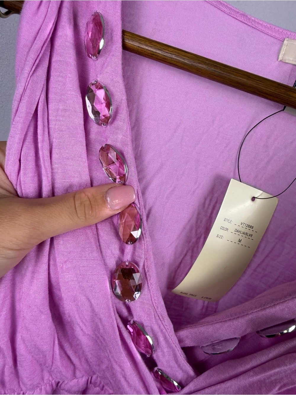 NWT Vertigo Dahlia Pink Jeweled V Neck Midi Dress M $270 - Picture 7 of 7